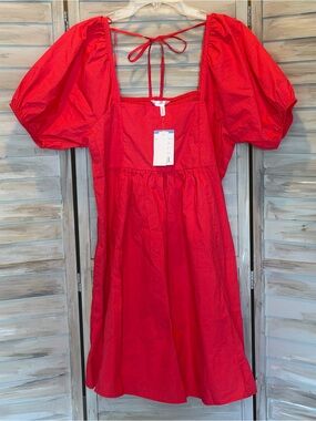 Draper James Ladies Hibiscus Red Square Neck Puff Sleeve Dress Large L NWT